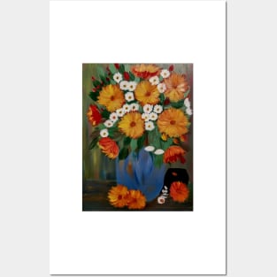 orange flowers and daisy's in a blue and gold vase Posters and Art